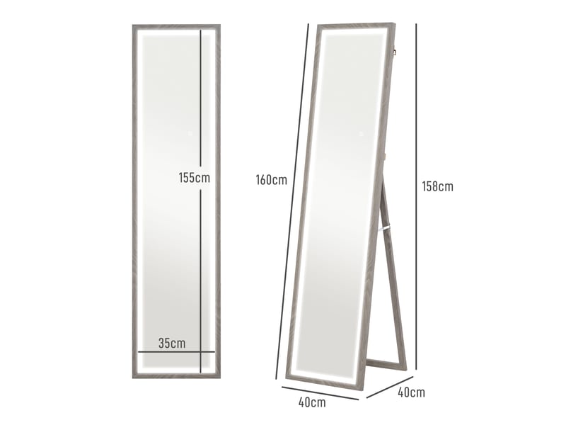  Grand miroir pleine longueur, miroir mural ou sur pied rectangulaire, gris, 40 x 160 cm avec éclairage led 3 couleurs  - Conforama C