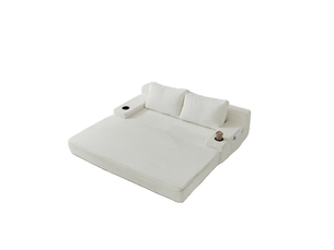 Canapé convertible 2 places avec porte-gobelets, poches latérales et 2 coussins en velours côtelé beige