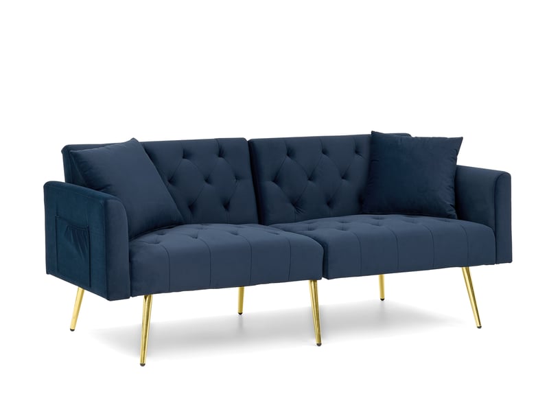  Canapé convertible 2 places 177x78x74 cm bleu en velours, dossier réglable 3 positions et 2 coussins  - Conforama D