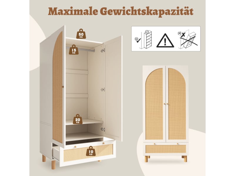 Armoire de chambre style campagne à 2 portes avec rotin, 1 tiroir, étagères réglables et barre de penderie, blanc, 85,5×52×180,5 cm  - Conforama C