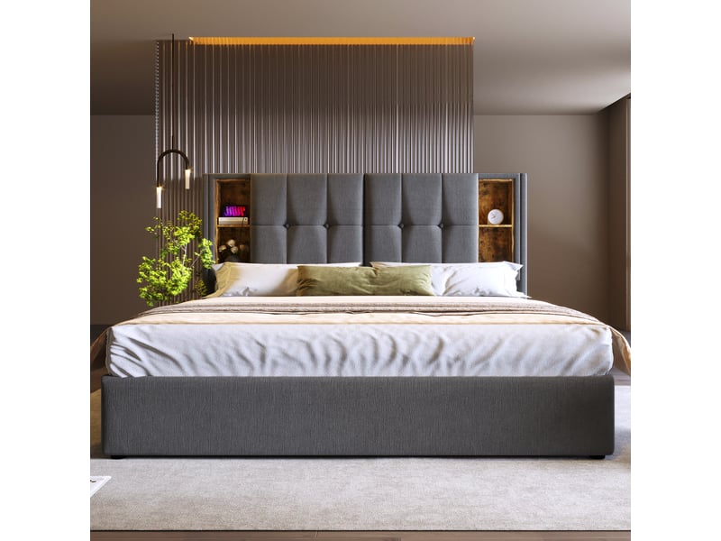  Lit 2 personnes 160x200 cm avec port usb-c, cadre de lit adulte avec tête de lit et matelas, gris, lit double  - Conforama W