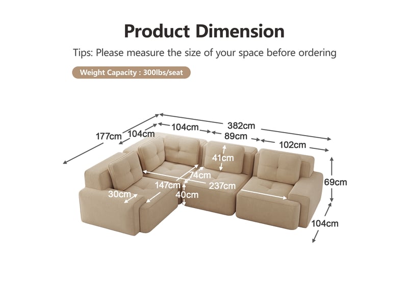  Canapé d'angle modulable avec assise basse, accoudoirs larges et base antidérapante en velours côtelé beige  - Conforama E