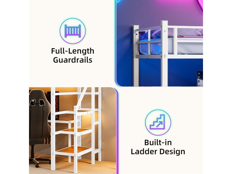 Lit mezzanine 90x190 cm avec bureau en l, cadre de lit adulte, lit 1 personne lit adulte, blanc - Conforama R