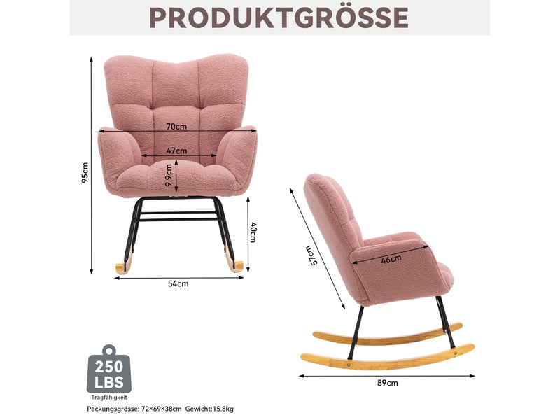  Fauteuil à bascule 89x70x95 cm rose en tissu peluche, dossier haut et accoudoirs, style moderne  - Conforama C