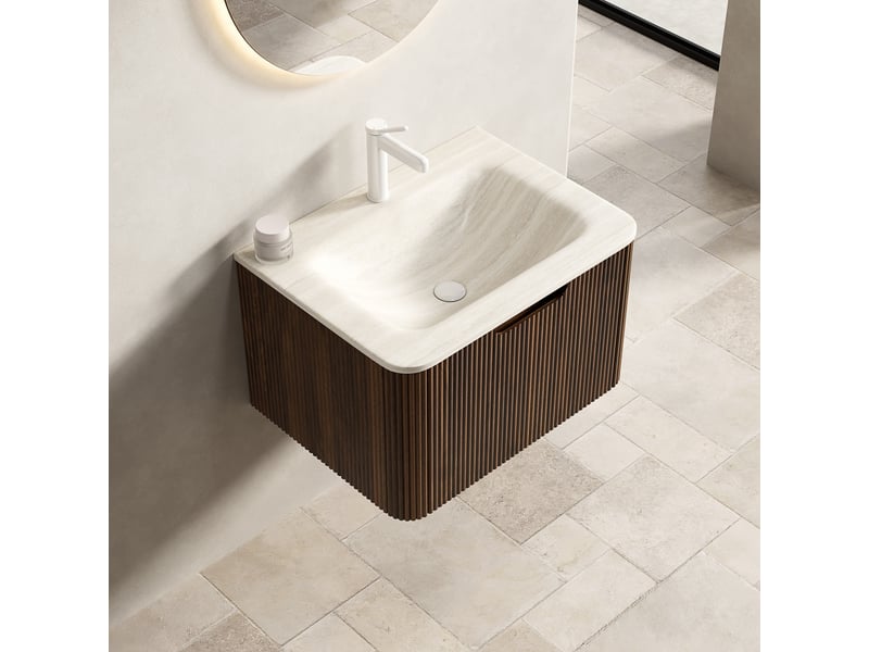 Meuble sous vasque suspendu avec tiroir à fermeture douce - lpospi - éclairage led, pierre frittée beige et noyer - Conforama C