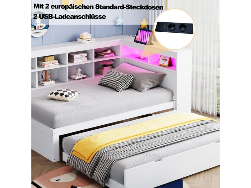  Lit gigogne 90x200+90x190cm, lit de repos avec led, espace de rangement, tête de lit et sommiers, pin+mdf, blanc, sans matelas  - Conforama C