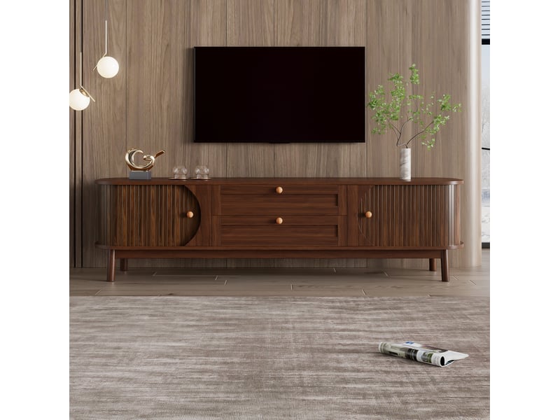  Meuble télévision 170 x 39,5x 46 cm bas rangement portes à lames tiroirs poignées arrondies pieds bois mdf noyer  - Conforama W