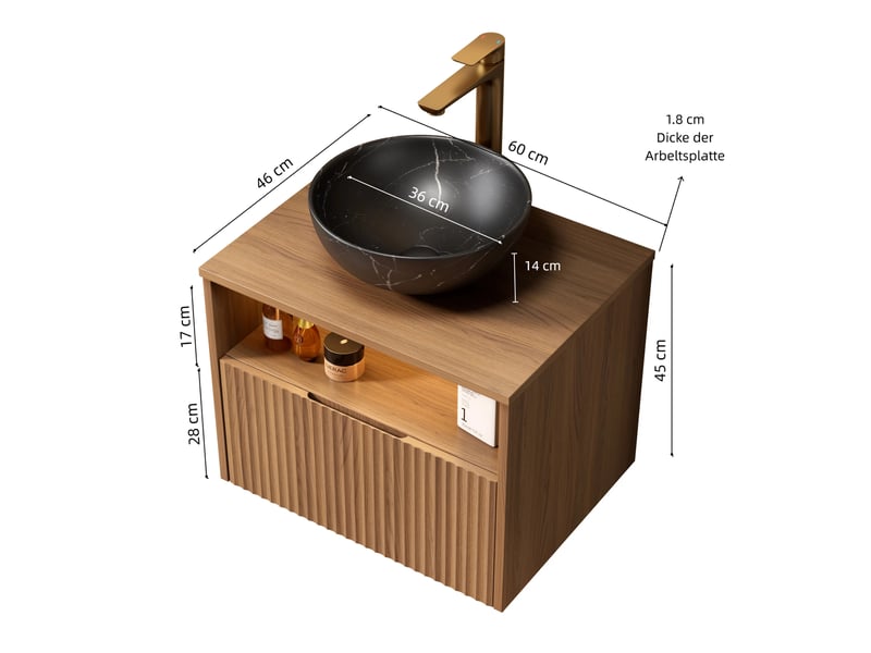 Meuble sous vasque suspendu avec 1 tiroir, niche, led et vasque en céramique noire, chêne brun 60 × 46 × 60,8 cm  - Conforama C