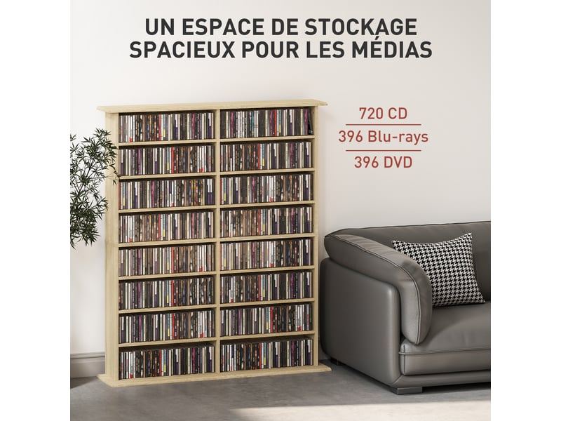  Rangements pour cd et dvd avec 16 compartiments et 12 étagères réglables capacité max. 720 cd396 dvd et blu-ray naturel  - Conforama E