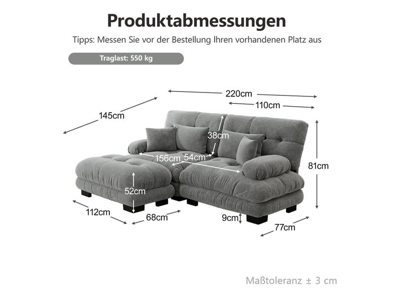  Canapé d’angle modulable 220x145x81 cm, grands accoudoirs et pouf, 2 coussins décoratifs, chenille gris  - Conforama C
