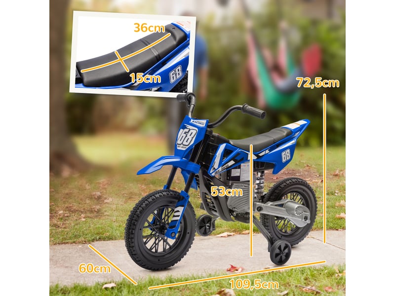  Moto électrique 12v pour enfants de 3 à 6 ans, avec 2 moteurs, suspension arrière, stabilisateurs amovibles et musique. Couleur : bleue.  - Conforama E