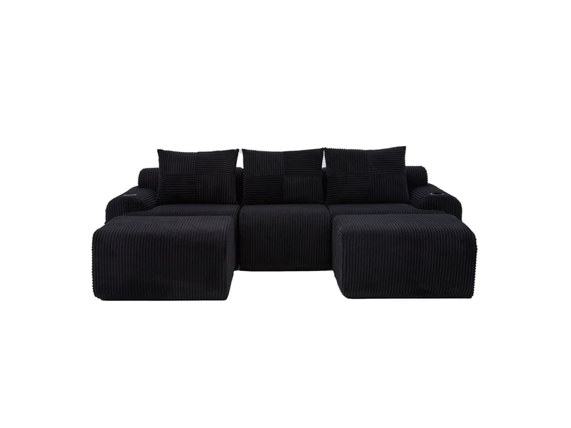  Canapé d'angle modulable 3 places en velours côtelé noir avec 2 poufs, porte-gobelet et rangement latéral  - Conforama A