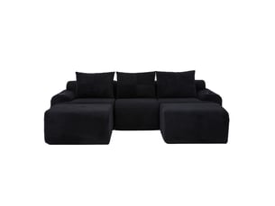 Canapé d'angle modulable 3 places en velours côtelé noir avec 2 poufs, porte-gobelet et rangement latéral