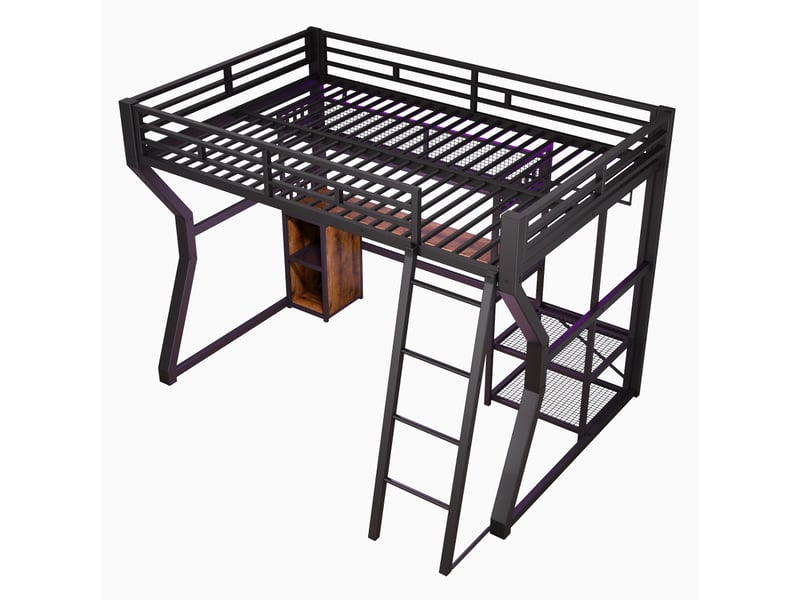  Lit mezzanine, 140 x 200 cm, structure en fer, avec éclairage intégré, prise électrique, penderie, bureau, rangements, étagères, espace ouvert sous le lit, matelas non inclus, noir  - Conforama D
