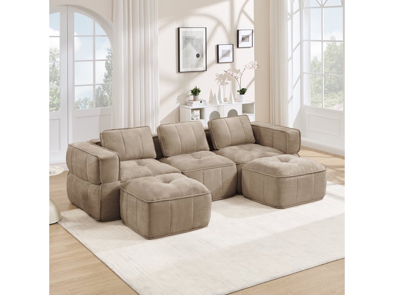  Canapé 3 places - 271x162x67cm - canapé panoramique en u avec 2 poufs repose-pieds en mousse 32d sans cadre - sable  - Conforama C