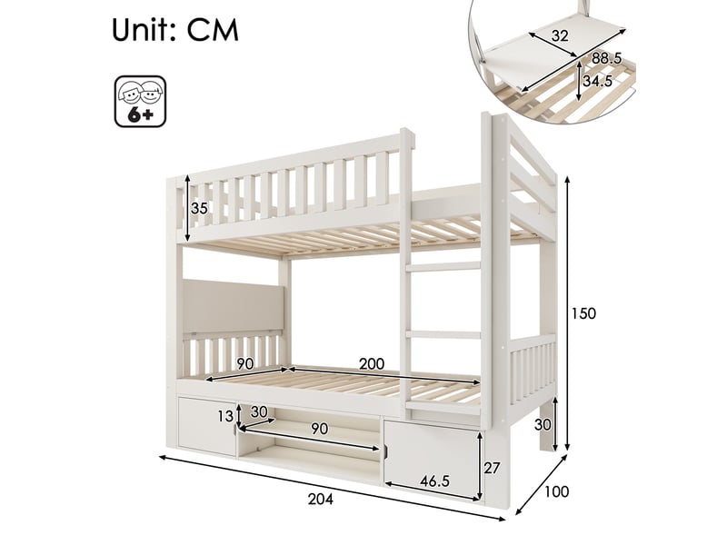 Lit superposé enfant 90×200cm lit double avec avec tablette rabattable et range-chaussures intégré sommier à lattes blanc BUBBLY - Conforama E