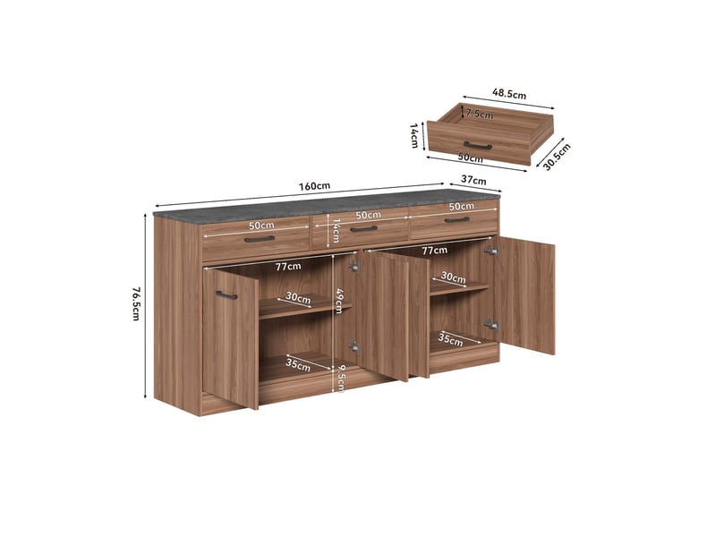  Buffet bas de cuisine en mdf effet noyer – 3 tiroirs et étagères réglables – 160 x 37 x 76,5 cm  - Conforama D