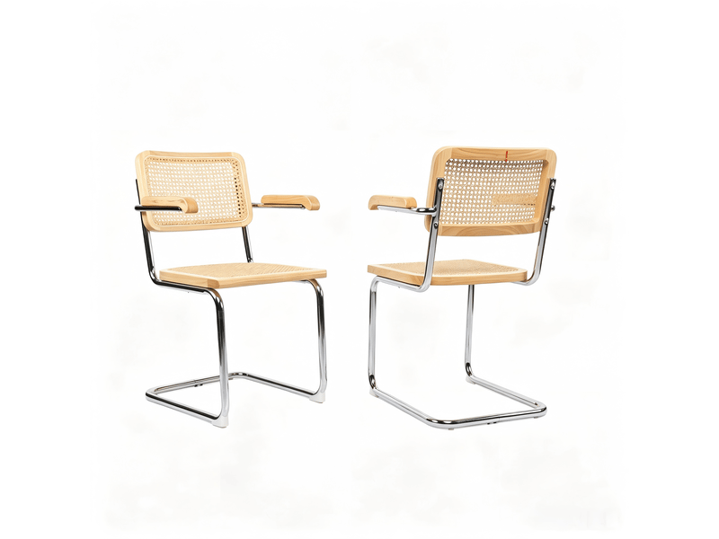  Lot de deux chaises de salle à manger, chaises en bois avec dossier en rotin et pieds chromés, style « brewer » du milieu du siècle, couleur naturelle  - Conforama R