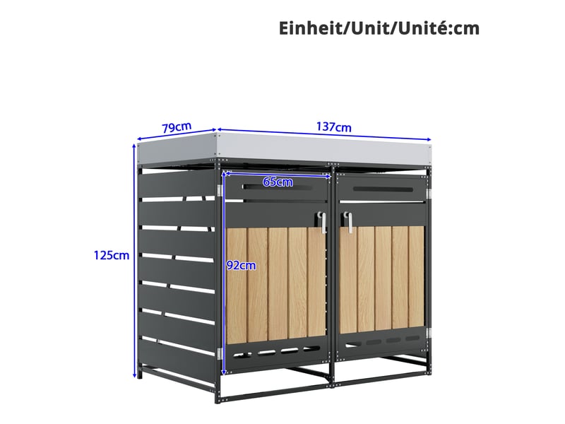  Abri poubelle avec jardinière intégrée, 2 compartiments, ventilation et portes verrouillables en fer noir 137 × 79 × 125 cm  - Conforama E