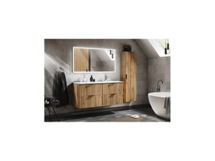 Ensemble de salle de bain noxera 120 cm – chêne wotan – double vasque, colonne suspendue et miroir led