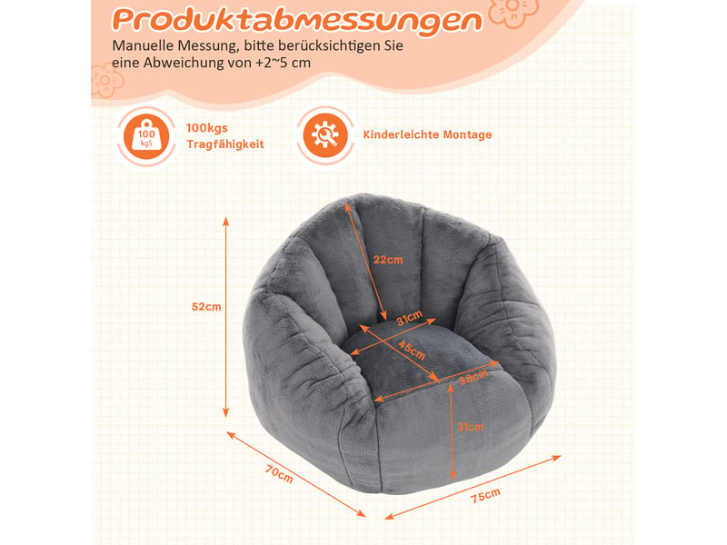  Pouf poire petit format enfant 75 x 70 x 52 cm gris clair, fausse fourrure douce, fauteuil lounge sans montage  - Conforama C