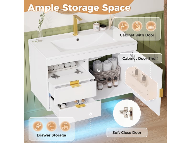  Meuble salle de bain suspendu 76 cm blanc avec led et vasque  - Conforama C