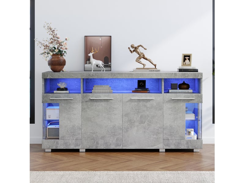 Buffet bas salon rangement led 3 compartiments 6 niveaux 140x40x70 cm façade brillante mdf+verre trempé ciment gris  - Conforama D