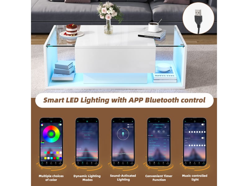 Table basse blanc 100×50×31 cm, table de salon moderne avec éclairage led et tiroir, table d'appoint en verre trempé - brillante - Conforama E