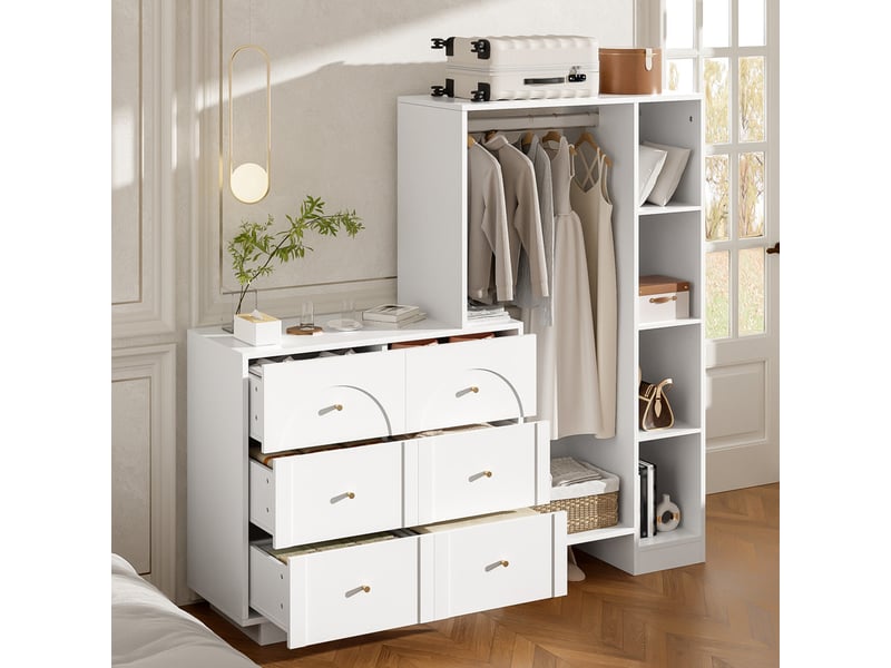 Armoire moderne, avec tringle, 6 tiroirs et étagères latérales, 139 × 35 × 133 cm, blanc - Conforama E