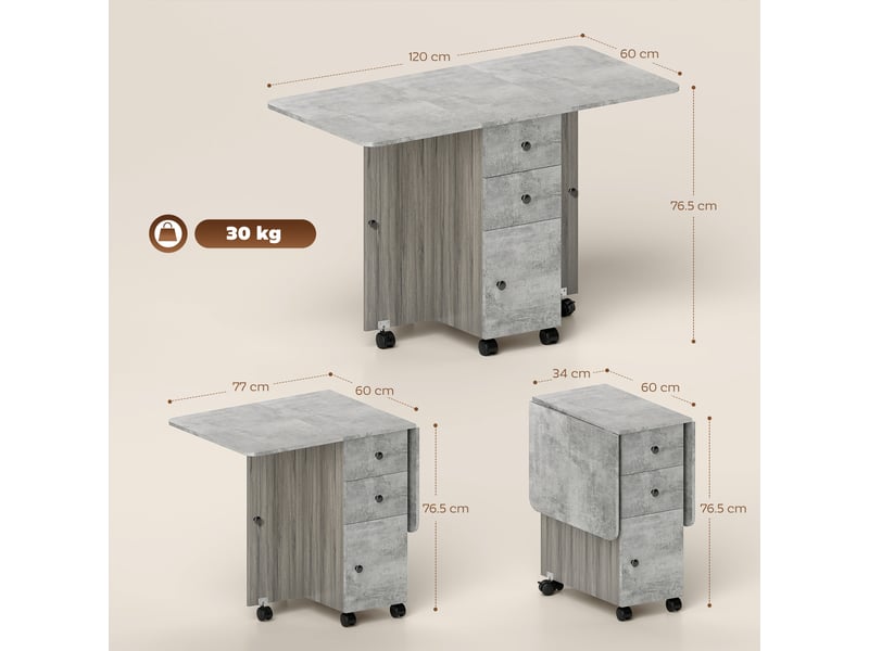  Table pliante avec 2 tiroirs et un placard, 6 roulettes avec freins, 120 x 60 x 76,5 cm, bois et gris roche  - Conforama E