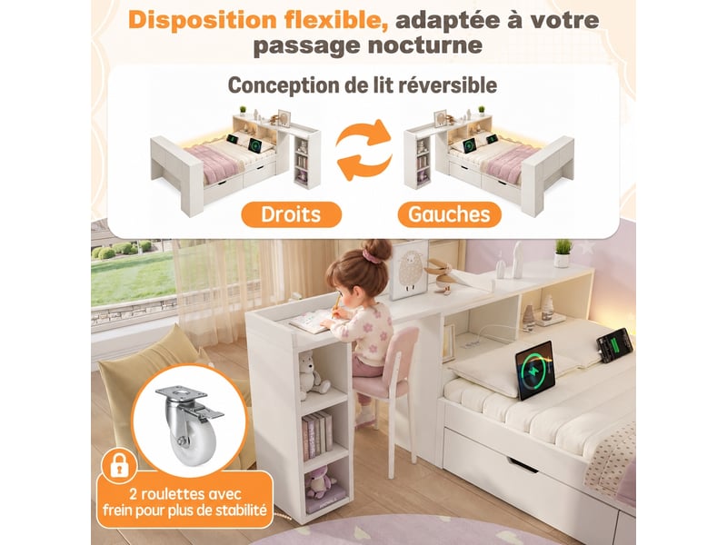  Lit une place 90x200 cm avec deux tiroirs de rangement et bureau escamotable blanc  - Conforama E