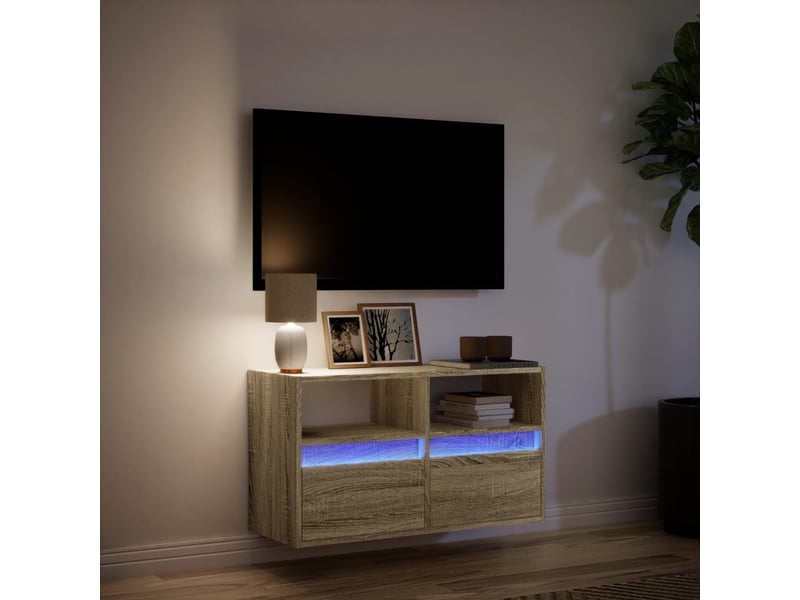 Meuble tv - banc tv - meuble de rangement mural avec lumières led chêne sonoma 80x31x45 cm - Conforama E