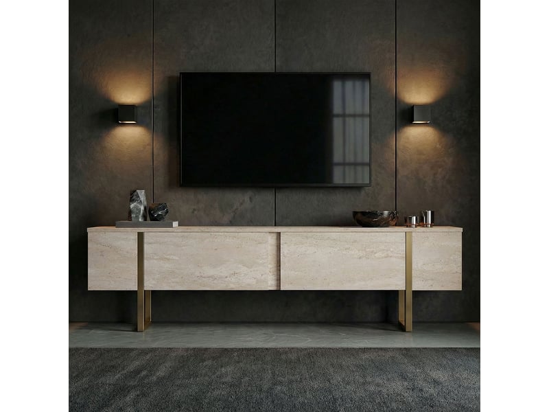  Télévision mobile sur pied avec portes 180 cm onera pieds dorés - beige  - Conforama B