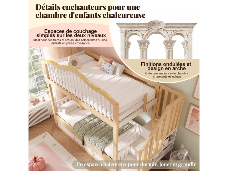 Lit superposé 90x200 cm avec escalier-rangement et barrière antichute, bois AB400435678A - Conforama R