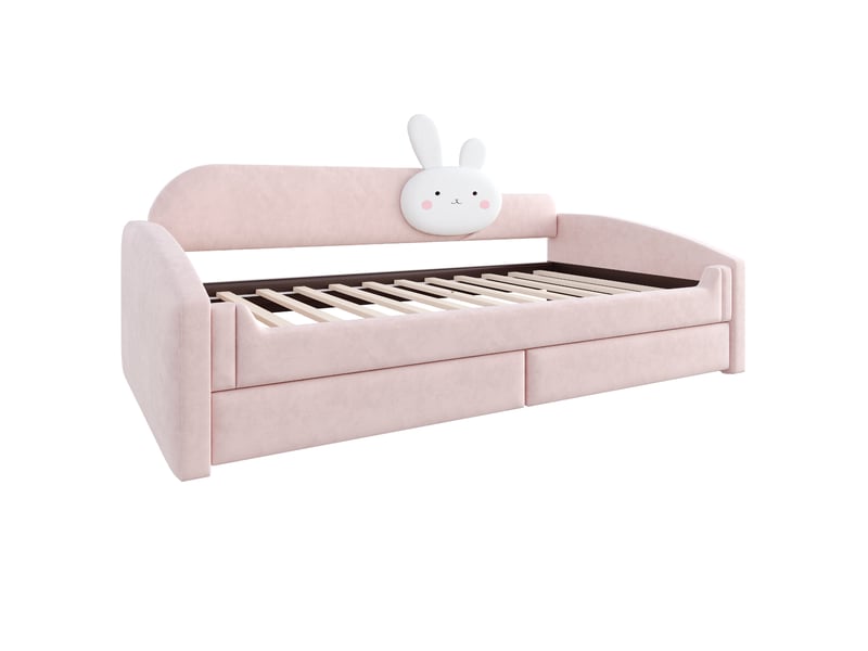  Canapé-lit enfant 90x200 cm avec coussin lapin, led, 2 tiroirs, velours rose, sans matelas  - Conforama W