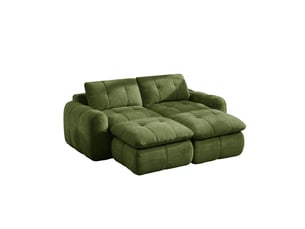 Canapé modulable sans structure 2 places , chenille vert, capitonnage quadrillé, mousse 32d, avec 2 ottomans, sans montage