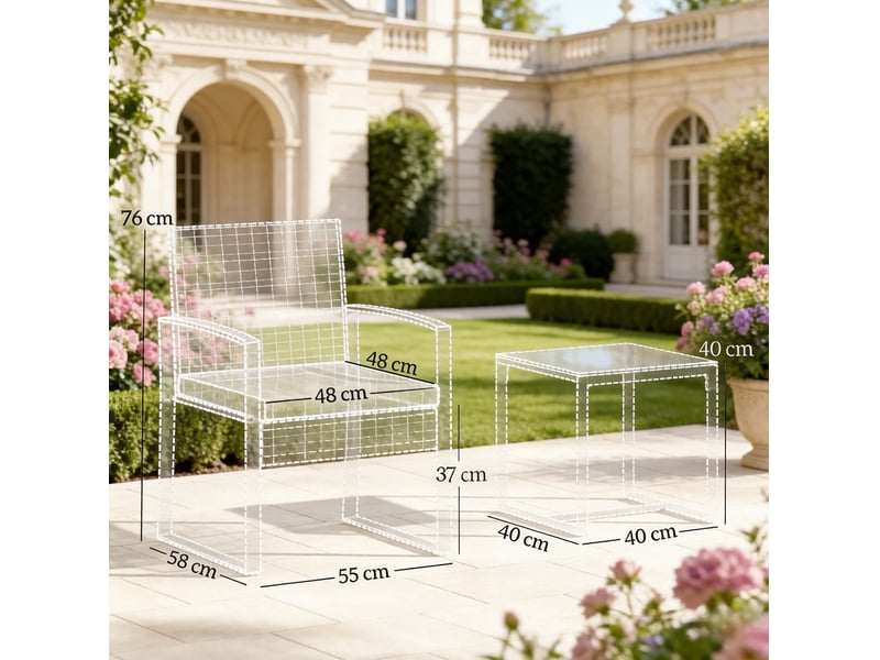  Salon de jardin 2 places avec table et 2 fauteuils, noir marron kaki, rotin pe acier, assises avec coussins  - Conforama C