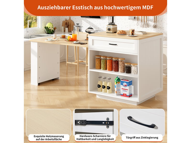  Desserte cuisine, îlot central sur roulettes avec plan de travail, plateau extensible, 2 tiroirs, dimensions 133 à 202 x 70 x 93,5 cm, mdf, blanc  - Conforama E