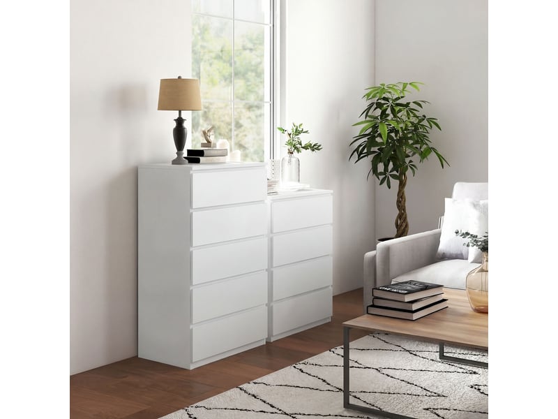  Commode à 4 tiroirs pour chambre à coucher, idéale pour le salon, la salle à manger et le couloir, blanche.  - Conforama D