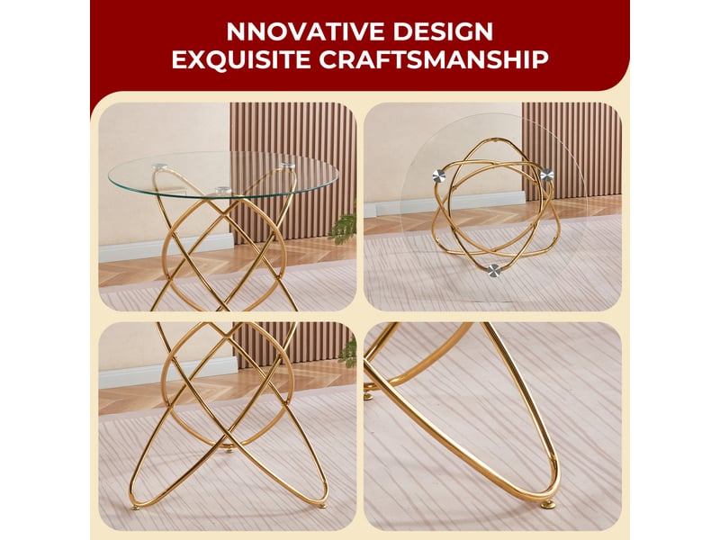  Table à manger ronde,80x80x75 cm,verre trempé et métal,doré  - Conforama E