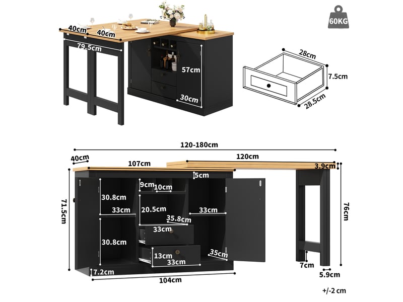  Table de bar extensible avec plateau pivotant 360°, rangement intégré et casier à vin, 120–180 x 40 x 76 cm, noir  - Conforama C