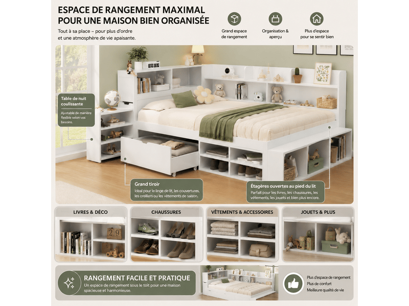  Lit double 140x200cm lit enfant adolescent adulte avec table de chevet caché étagères de rangement tiroir sommier à latte, blanc  - Conforama W