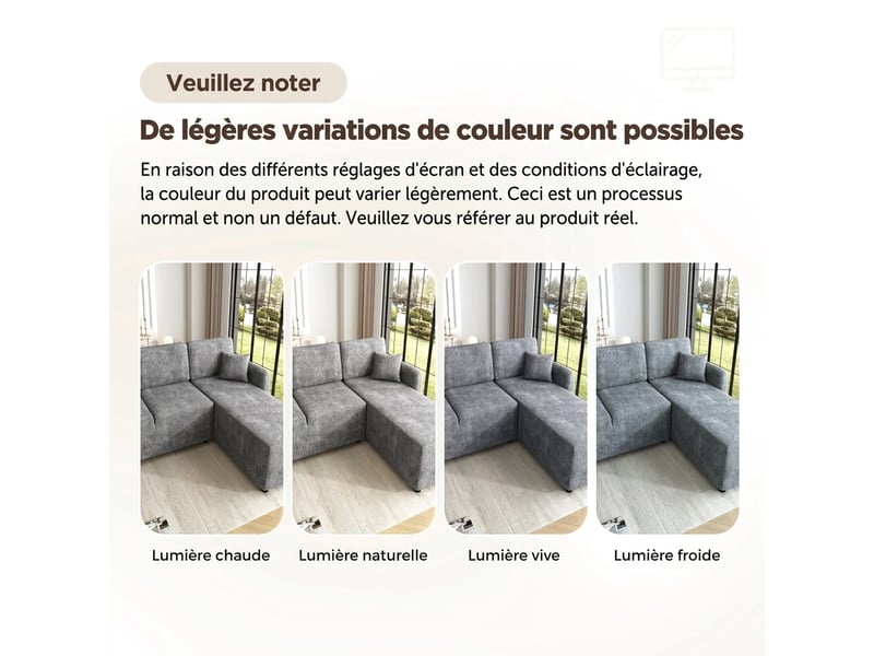  Canapé d'angle 3 places en l avec méridienne longue 144 cm - chenille grise, 2 coussins inclus  - Conforama R