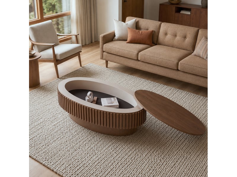  Table basse ovale 98x60x35 cm coloris noyer avec rangement caché  - Conforama E