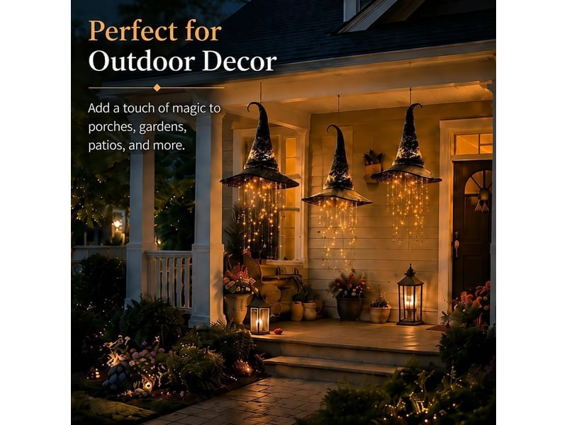  2 pièces décoration halloween suspendue, chapeau de sorcière lumineux led pour porche, entrée, jardin et terrasse, intérieur et extérieur  - Conforama C