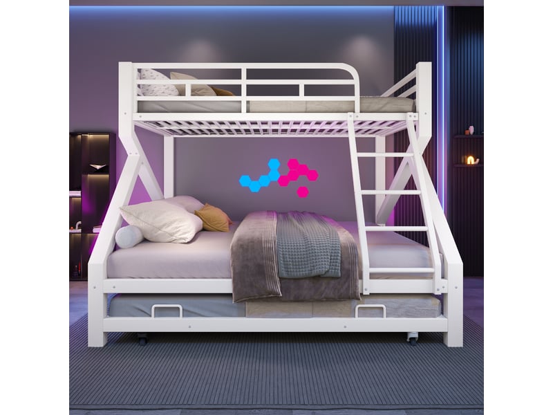  Lit superposé 90x200140x200 cm, 3 couchages avec lit gigogne 90x190 cm, led, garde-corps, échelle, structure métal et mdf blanc, gain de place  - Conforama C