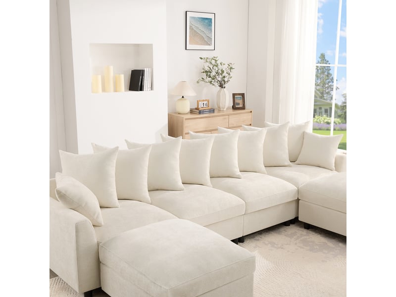  Canapé d'angle, canapé modulable, 6 places, en chenille, beige, repose-pieds, pour salon et séjour, usb  - Conforama W