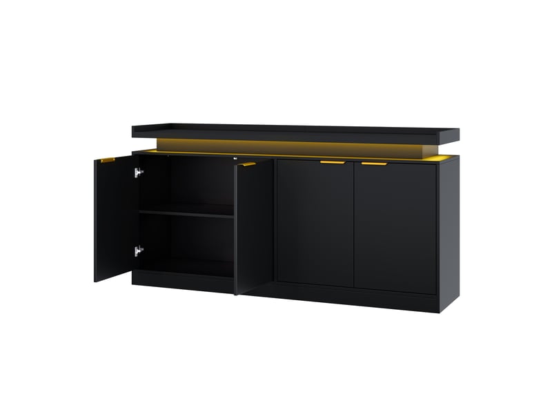  Buffet à 4 portes avec éclairage led rgb et rangements ouverts pour salle à manger, noir, 160 × 39 × 83 cm  - Conforama E