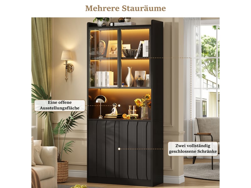 Vitrine avec 4 portes, 5 compartiments, led et étagères réglables pour salon en panneaux de particules, 80×35×200 cm  - Conforama E