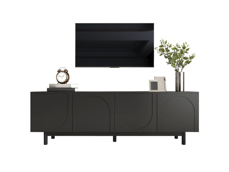 Meuble tv 175x38x56cm avec shelves réglables, 4 portes, design bas et léger, mdf et panneaux de particules, noir  - Conforama A